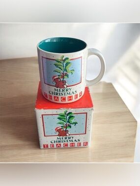Vintage Contenova Merry Christmas Teacher Teddy Bear Poinsettia Coffee Mug